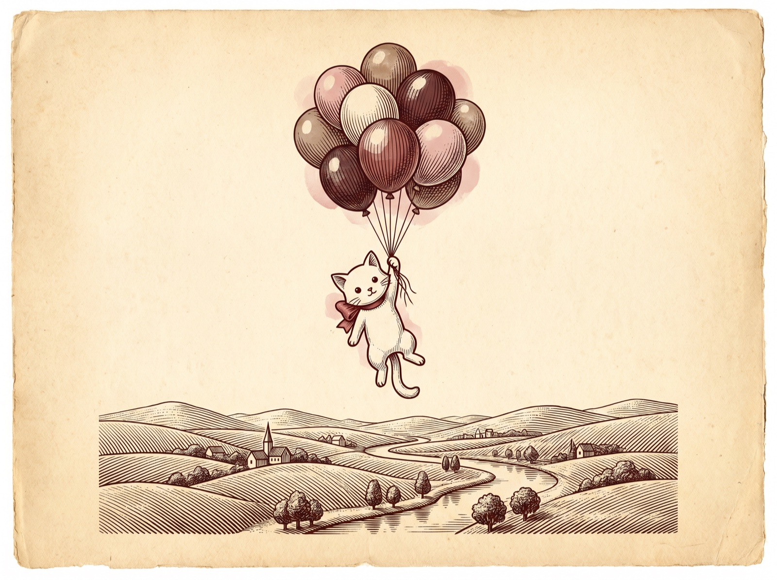 An antique engraving of a small white cartoon cat with a red bow drifting upward holding a cluster of balloons over a tidy landscape.