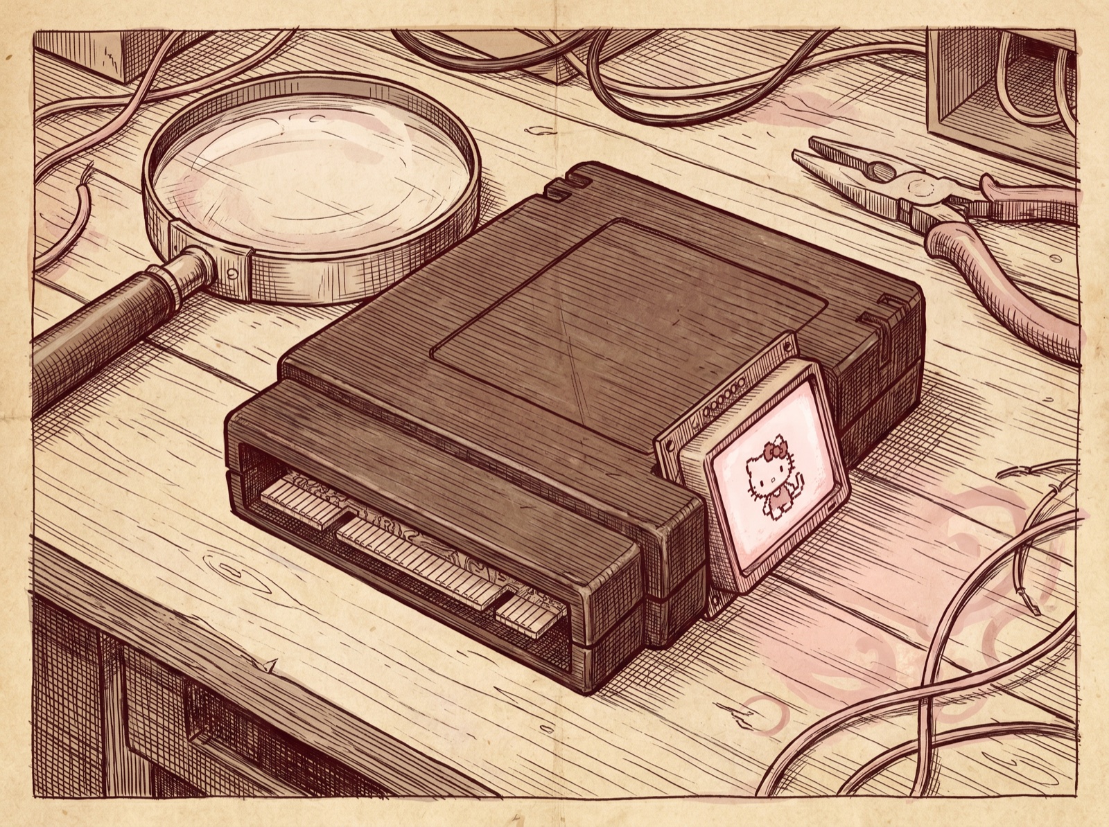 An antique engraving of a fat unlabeled many-in-one game cartridge on a workbench beside a magnifying glass, with a small white cartoon cat shown as a pixel sprite on a tiny attached screen.