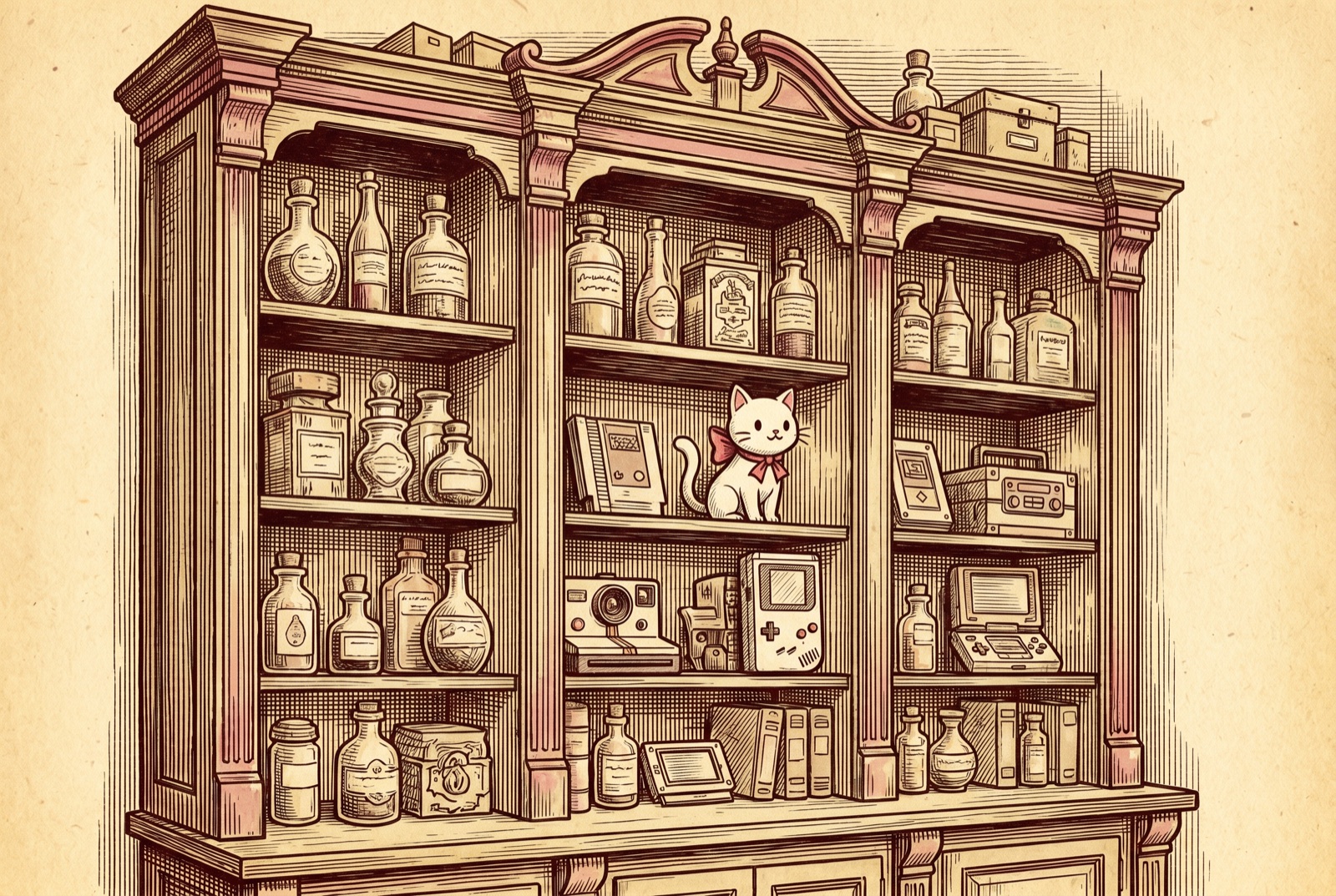 An antique engraving of a tall shelf crammed with dozens of game cartridges and handhelds catalogued like specimens, a small white cartoon cat with a red bow perched among them.