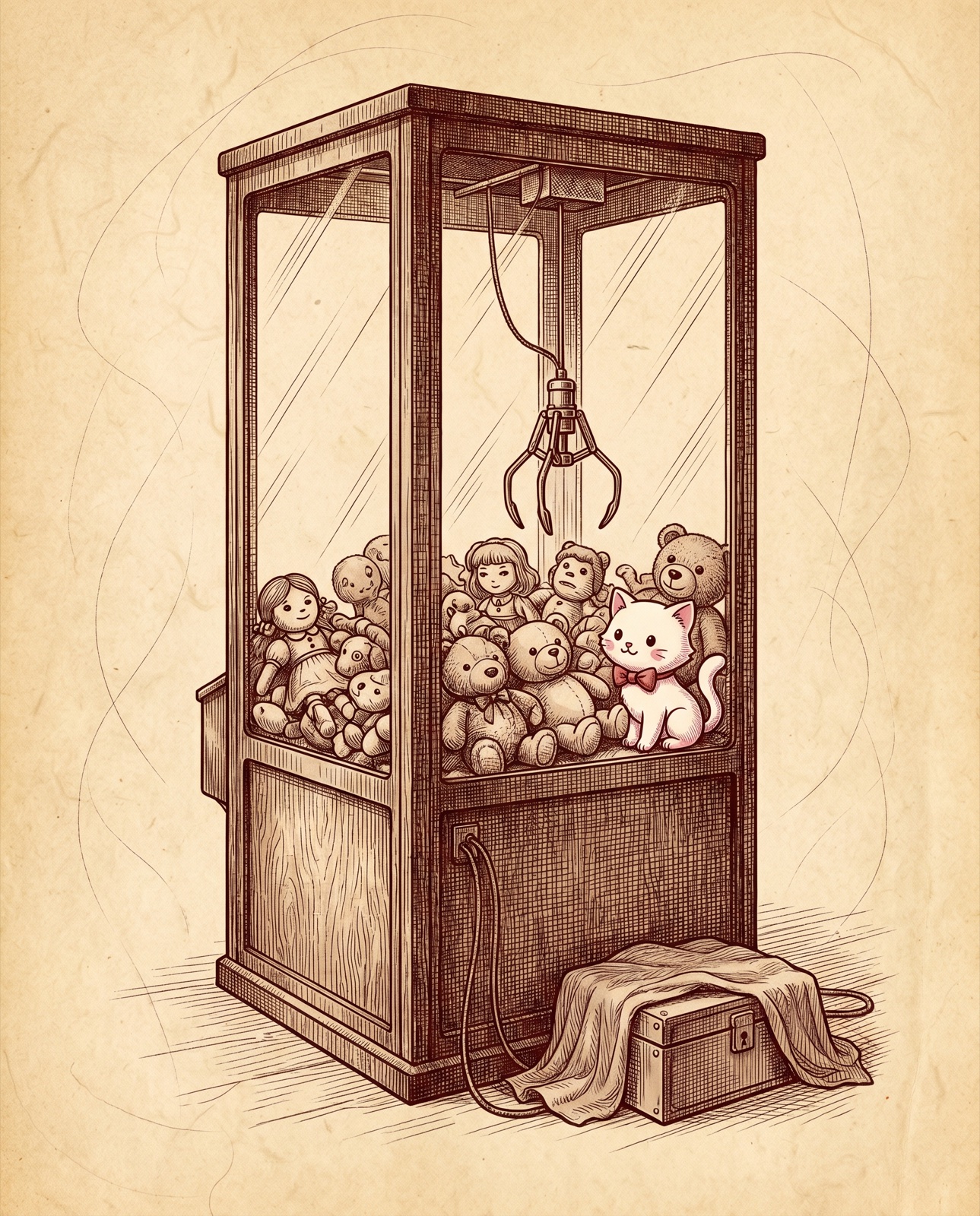 An antique engraving of a glass-fronted arcade claw machine packed with plush toys, a three-pronged metal claw on a thin cable, the cabinet wired to a hidden control box.