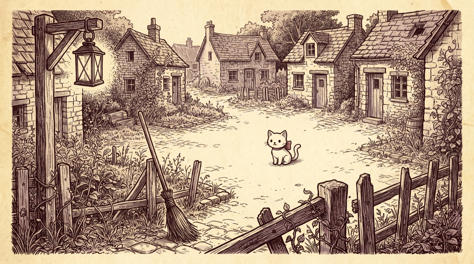 An antique engraving of a deserted cute fantasy village with overgrown farm plots, a dimmed lantern, and a single small white cartoon cat with a red bow standing in the empty square.