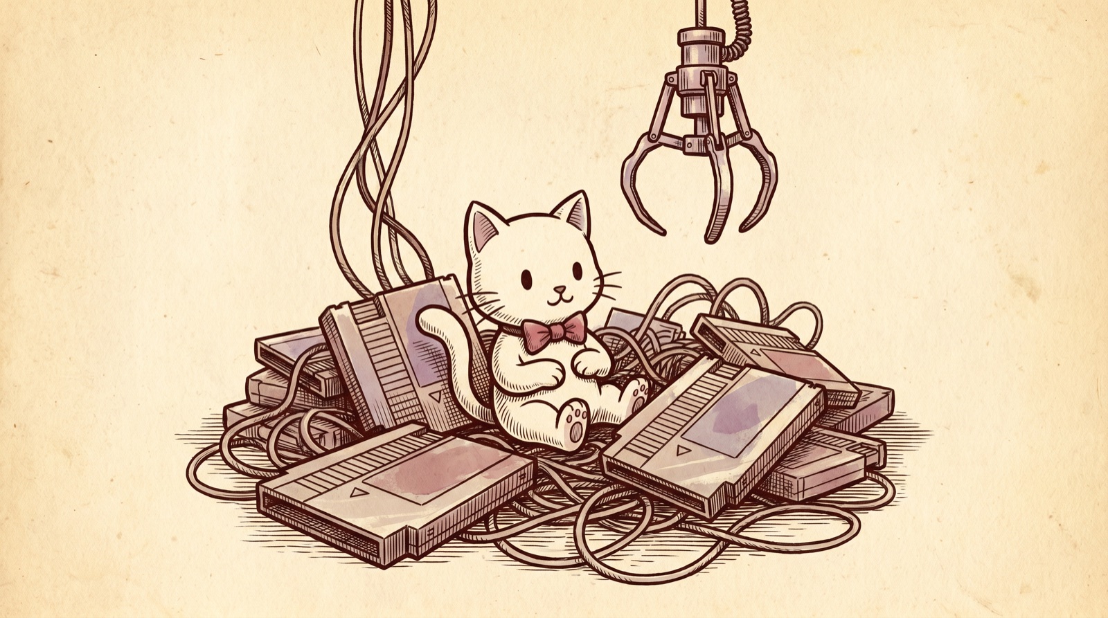 An antique engraving of a small white cartoon cat with a red bow sitting amid a pile of game cartridges and tangled cables, a claw-machine grabber dangling overhead.