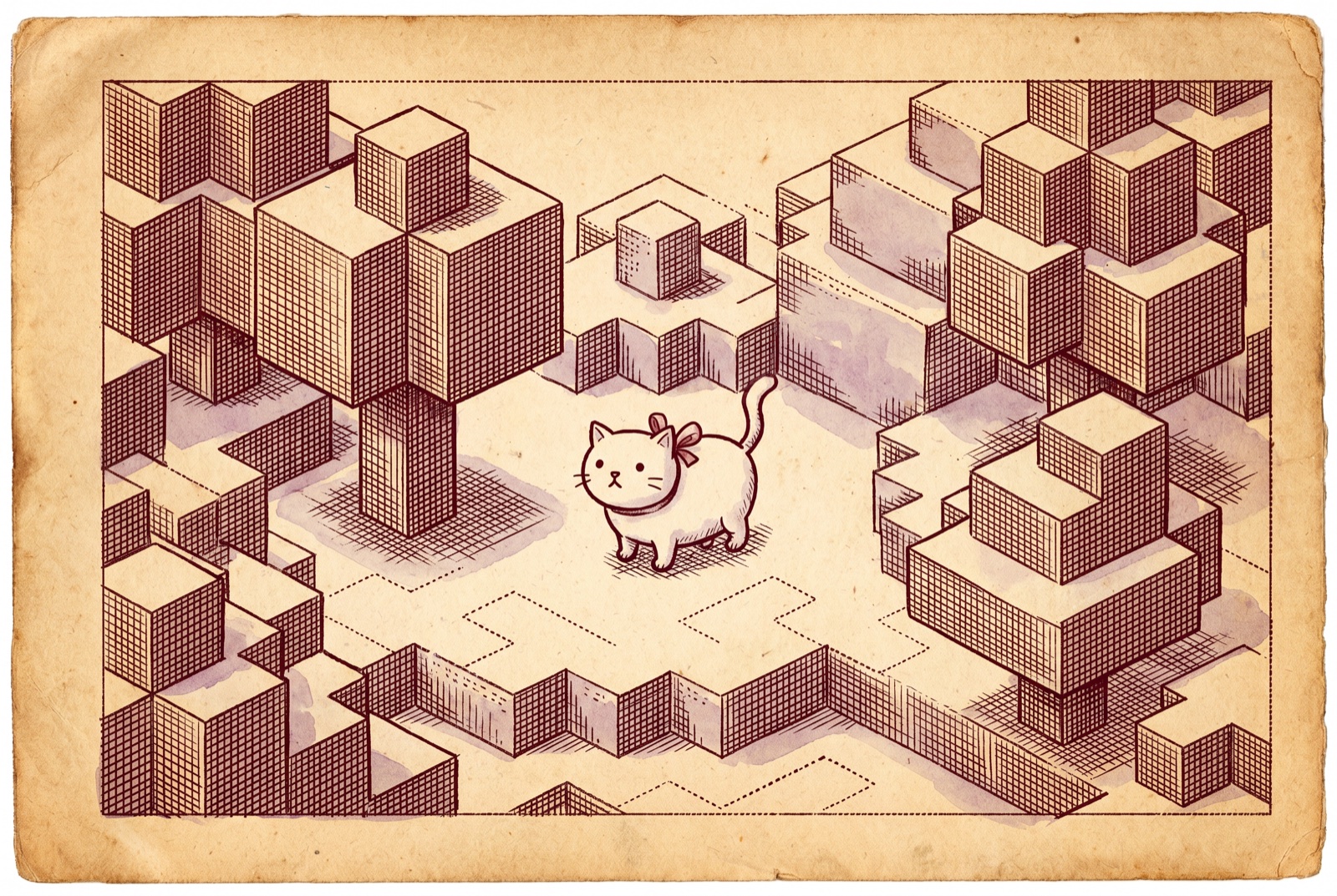 An antique engraving of a small white cartoon cat with a red bow standing inside a blocky cubic voxel landscape of square trees, clearly inserted where it does not belong.