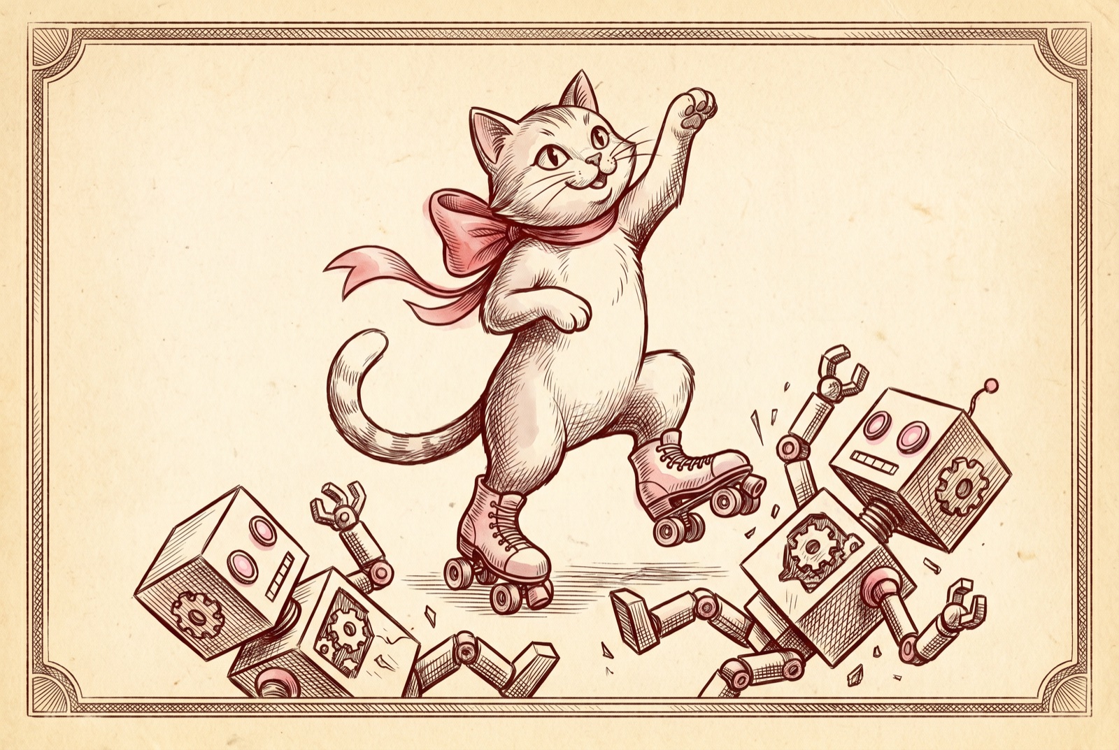 An antique engraving of a small white cartoon cat with a red bow on roller skates striking a heroic pose against tumbling cubic block robots.
