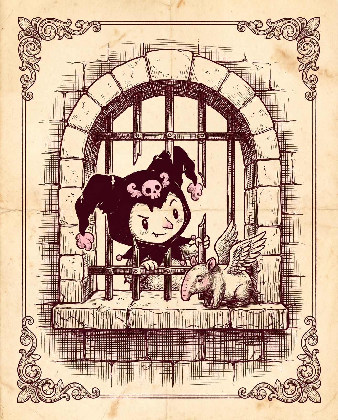 A booking-style engraving of a small jester-hooded imp character.