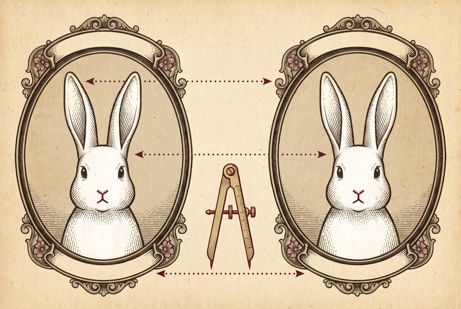 An evidence plate comparing two nearly identical white rabbit characters, with calipers between them.