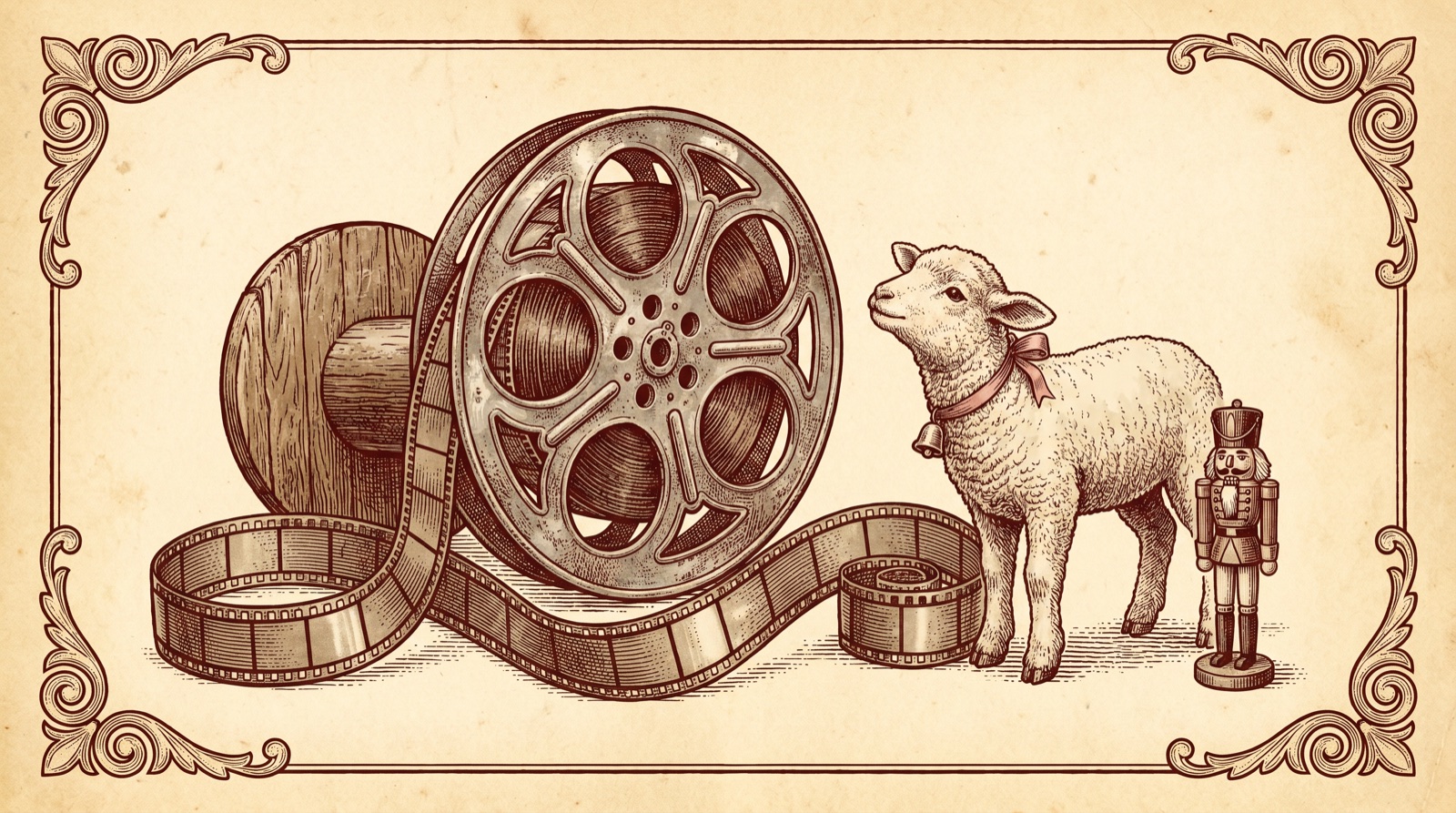 An antique engraving of an old film reel and celluloid strip, a small lamb wearing a bell, and a tiny nutcracker soldier.