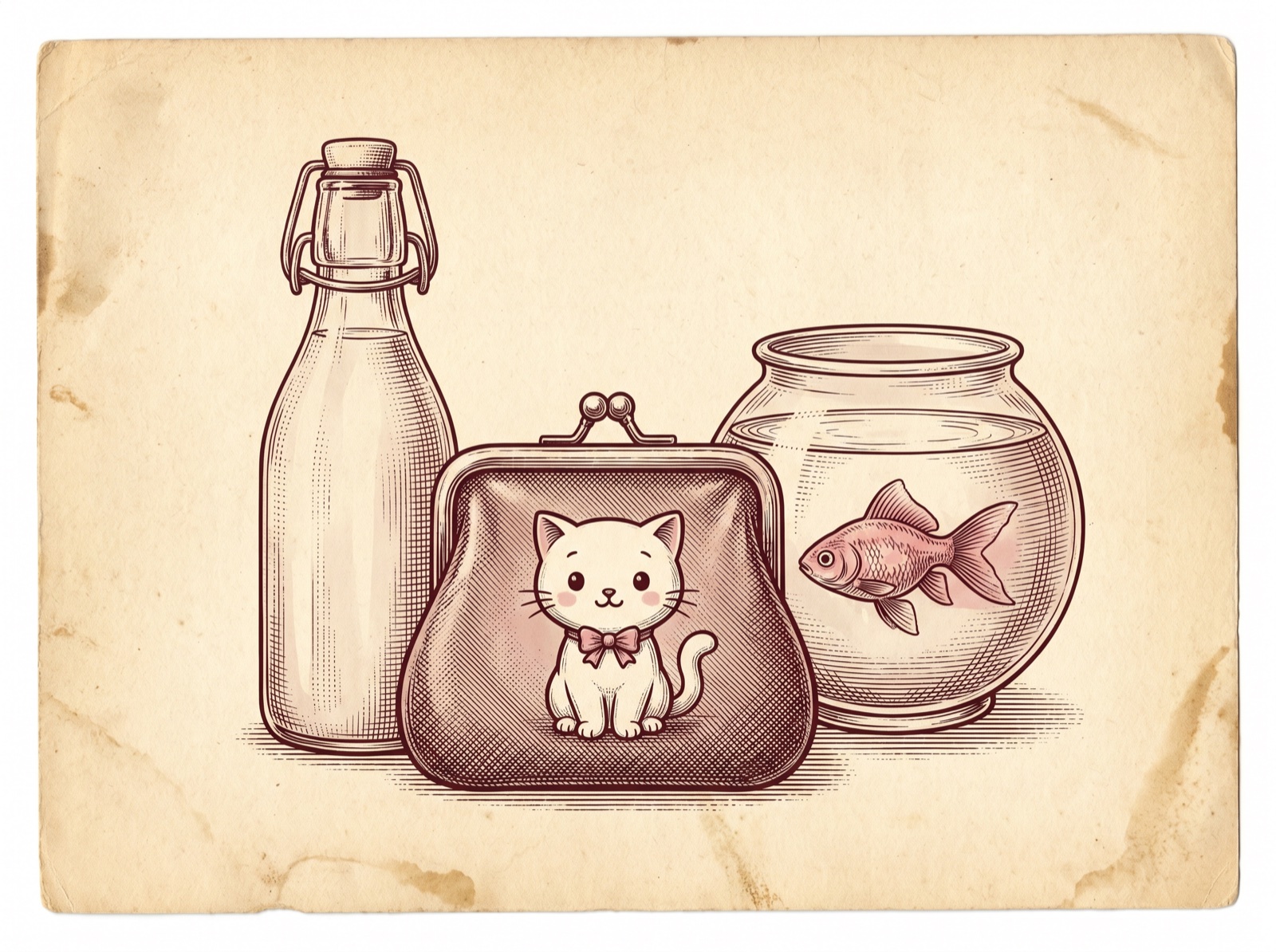 An antique engraving of a small white cartoon cat with a bow seated between a milk bottle and a goldfish bowl, as on the original 1975 coin purse.